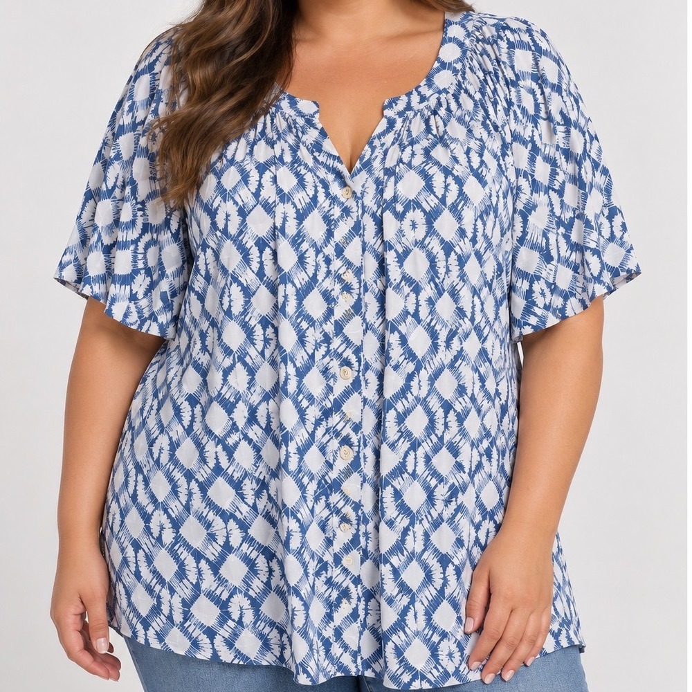 Plus Size 1X Blue White Geometric Tunic Blouse Flutter Sleeve Button Front Boho